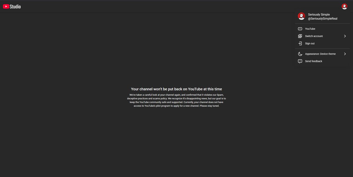 YouTube AI really only care about profits. it's on a rampage terminating creators left to right.

my channel was wiped for no reason by youtube automated system.

Never had a strike, warning or an explanation.

Just “spam, ai response by youtube. - and a vague 2,000 word policy