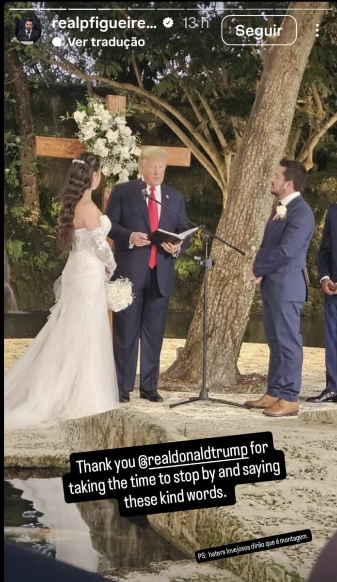 Cara botou a NOIVA dele FLUTUANDO do lado do Donald Trump no dia do próprio casamento. Vcs tem ideia? Maluco meteu UMA IA HORRÍVEL NO DIA DO PRÓPRIO CASAMENTO! 🤦‍♂️ É muito fácil vender fumaça pra extrema direita, meu Deus! 🤣