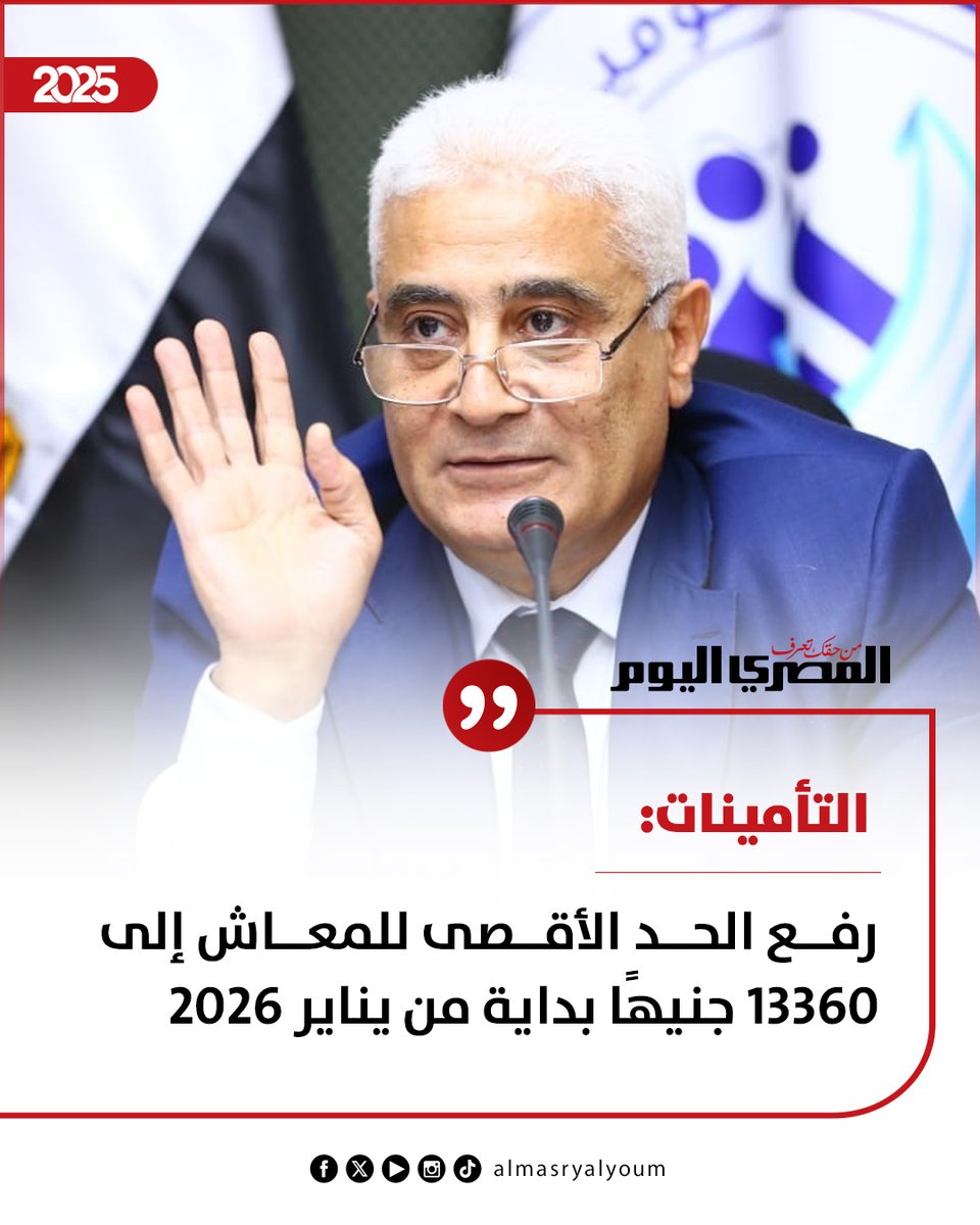 AlMasryAlYoum's tweet photo. 🔴 التأمينات: رفع الحد الأقصى للمعاش إلى 13360 جنيهًا بداية من يناير 2026

📌 الحد الأدنى لأجر الاشتراك التأميني سيرتفع من 2300 جنيه إلى 2700 جنيه

📌 يرتفع الحد الأقصى من 14500 جنيه إلى 16700 جنيه

 📌يرتفع الحد الأدنى للمعاش للمحالين للتقاعد بدءًا من يناير 2026 إلى 1755 جنيهًا بدلًا من 1495 جنيهًا

📌سيصل الحد الأقصى للمعاش إلى 13360 جنيهًا، مقارنة بـ11600 جنيه حاليًا