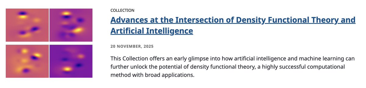 PhysRevB's tweet image. @APSPhysics Collection: Advances at the Intersection of #DensityFunctionalTheory and #ArtificialIntelligence

How artificial intelligence and machine learning can further unlock the potential of density functional theory.

➡️ go.aps.org/44t4l5L