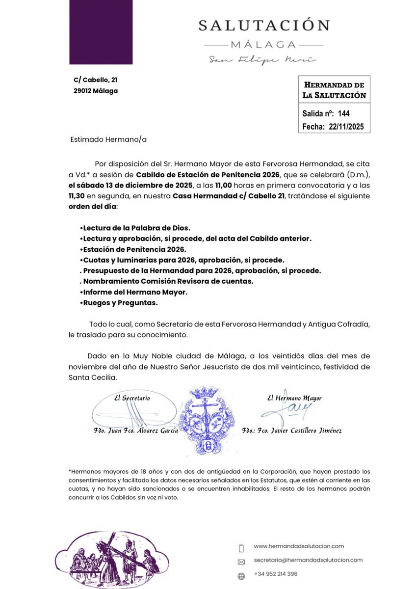 𝐂𝐎𝐍𝐕𝐎𝐂𝐀𝐓𝐎𝐑𝐈𝐀 𝐂𝐀𝐁𝐈𝐋𝐃𝐎 | 🗳️

Por disposición del Sr. Hermano Mayor se cita a sesión de Cabildo de Estación de Penitencia 2026, el 𝐬𝐚́𝐛𝐚𝐝𝐨, 𝟏𝟑 𝐝𝐢𝐜𝐢𝐞𝐦𝐛𝐫𝐞, a las 𝟏𝟏.𝟎𝟎𝐡 en primera convocatoria y a las 𝟏𝟏.𝟑𝟎𝐡 en segunda convocatoria. 

📍