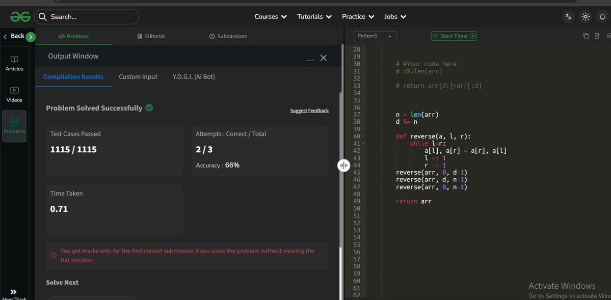AkashYadav58819's tweet image. Day 4: Rotate an Array by d Positions - Left 
Approach:  Create a temp array of same size as the input. Copy elements from index d to the end into the start of temp, then append the first d elements (use d % n if d &amp;gt;= n). Return temp as the left-rotated array.
#DSA #GFG  #Array