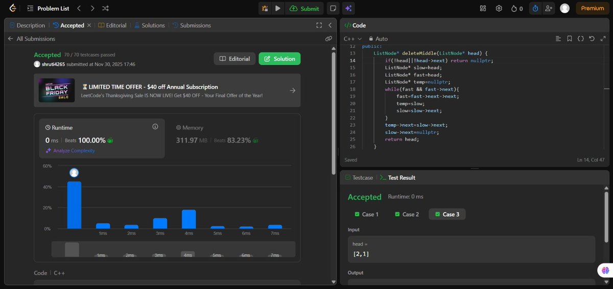 ShrutiS45736639's tweet image. Day 57/100 #100DaysOfCode

Kept the Linked List momentum going today! 🔗

• Solved &quot;Add Two Numbers&quot; (handling the carry logic is key!) • Solved &quot;Delete Middle Node&quot; (Tortoise &amp;amp; Hare strikes again 🐢🐇)

#DSA #LearnInPublic