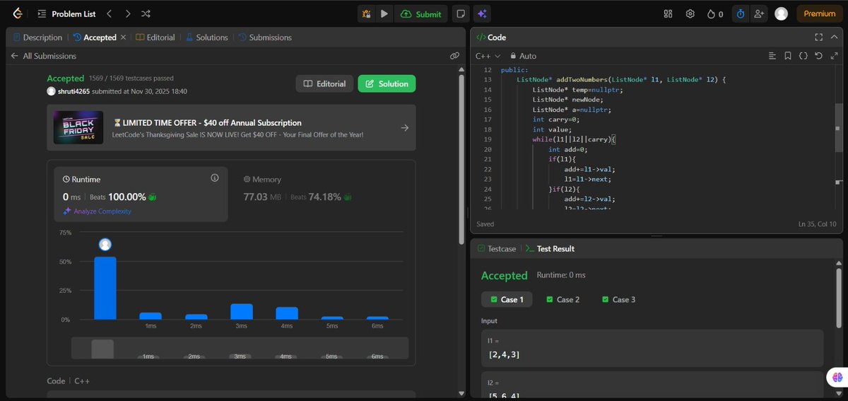 ShrutiS45736639's tweet image. Day 57/100 #100DaysOfCode

Kept the Linked List momentum going today! 🔗

• Solved &quot;Add Two Numbers&quot; (handling the carry logic is key!) • Solved &quot;Delete Middle Node&quot; (Tortoise &amp;amp; Hare strikes again 🐢🐇)

#DSA #LearnInPublic