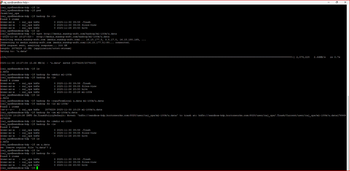 Vaibhav04102004's tweet image. HDFS unlocked 🔓:

Fired up PuTTY, SSH’d into my Hadoop sandbox, and ditched the Ambari UI. 

Just learned how HDFS really works — now creating dirs, uploading data, and deleting files with hadoop fs commands like a pro. 

GUI peasant → CLI wizard in one copyFromLocal🔥

#Hadoop