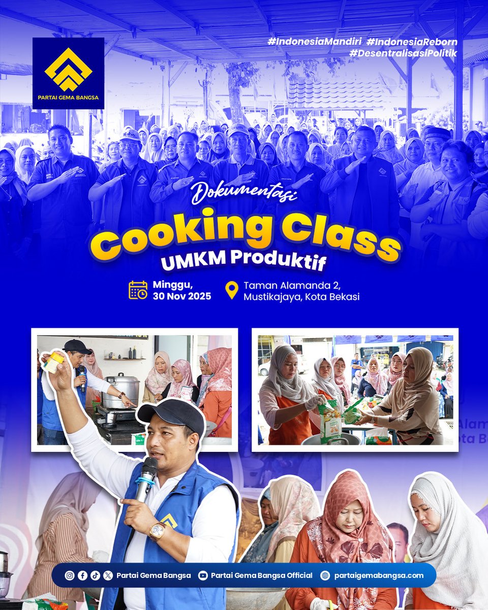 dpp_gemabangsa's tweet image. #KawanGema 
Keseruan dan antusiasme warga RT 10 RW 10 Perum Taman Alamanda 2, Mustikajaya Kota Bekasi mengikuti Cooking Class yang diadakan oleh DPP Partai Gema Bangsa (30/11/2025).

#cookingclass #UMKM #gemabangsa #indonesiamandiri #indonesiareborn
#desentralisasipolitik