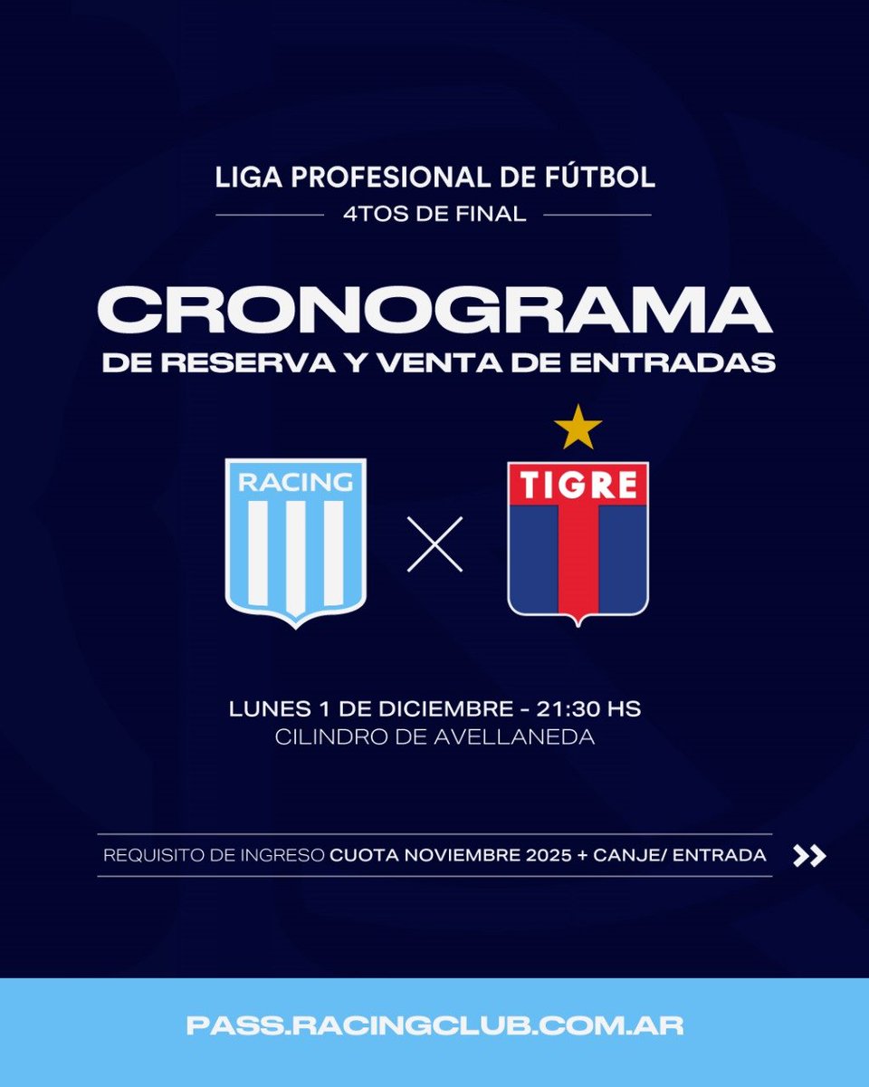 DomandoFilas's tweet image. 🔗LINKS para RACING vs Tigre
🏟️Presidente Perón - "El Cilindro" 

Cuartos de final - Torneo Clausura

Pedinos tu lugar al MD y no te quedes afuera esta vez!!!
Todo por RacingPass