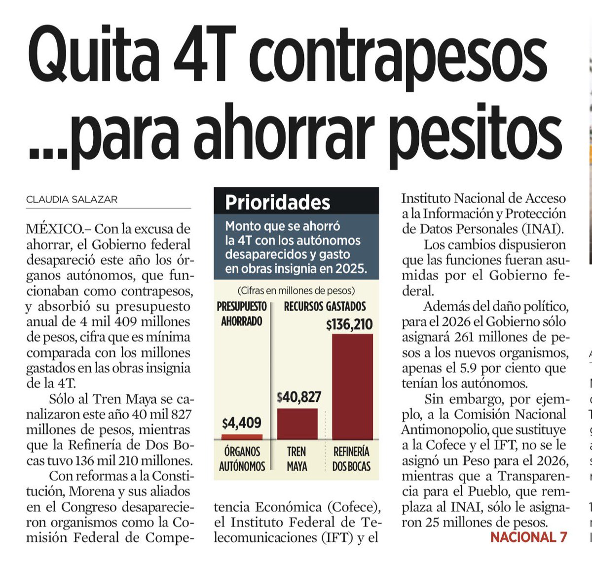 Con la excusa de ahorrar, el Gobierno federal desapareció este año los órganos autónomos, que funcionaban como contrapesos, y absorbió su presupuesto anual de 4 mil 409 millones de pesos, cifra que es mínima comparada con los millones gastados en las obras insignia de la 4T.
Sólo