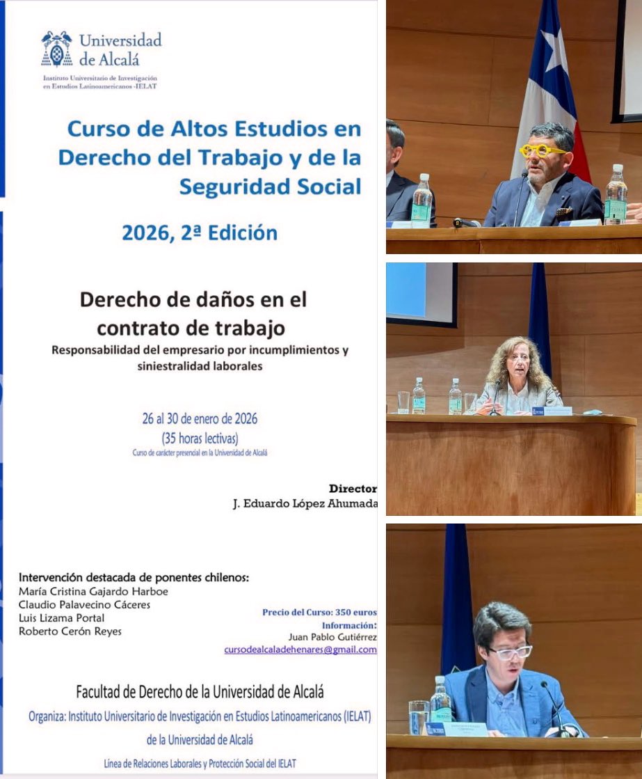 PalavecinoCL's tweet image. La última semana de enero (2026), en la Universidad de Alcalá de Henares (España), profesores chilenos y españoles impartiremos el curso ‘Derecho de daños en el contrato de trabajo’. Si te interesa asistir pide más información al siguiente correo: cursodealcaladehenares@gmail.com