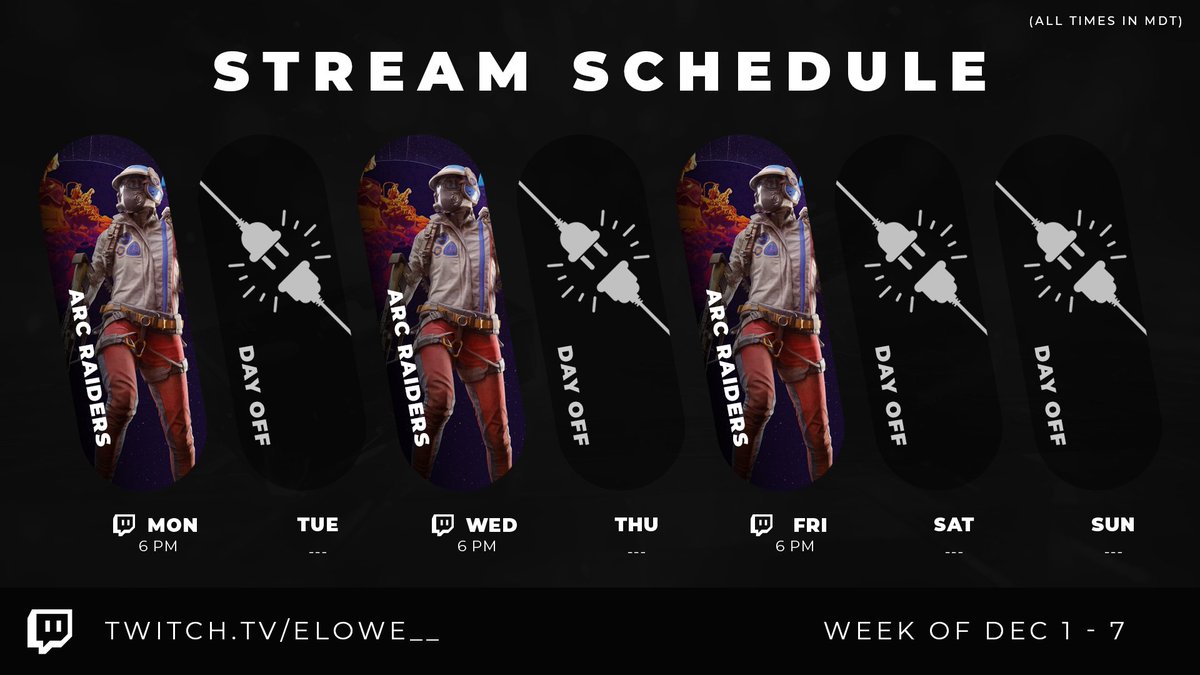 eLowe__'s tweet photo. 🗓️Schedule for this week is simple, we're on a mission to get max level in Arc Raiders. Then maybe we find a different game... maybe... 

Also we wont be traveling for the holidays, so I may be looking for ideas for a birthday stream here in a couple weeks. 🤔 https://t.co/bMzZ0wMO4s