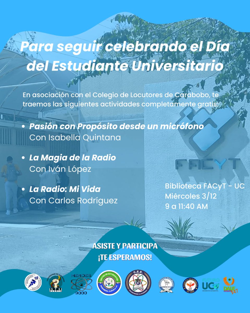 🗣️🎙️ Conversatorio: "La Radio en tres tiempos: 3 voces... la misma pasión".

⏰ 9:00 / 11:40 am
🗓️ Miércoles 3 de Diciembre 
📍Biblioteca de Facyt - UC 
🧾Promueven: Colegio de Locutores del estado Carabobo y la Federación de Centros Universitarios FCU-UC.