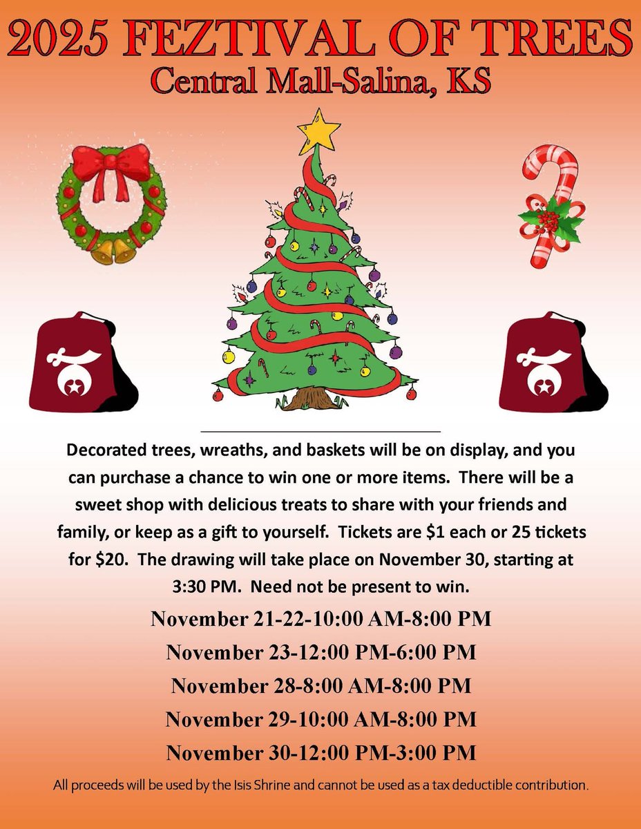 Today is the last day for the Isis Shrine Feztival of Trees!!!  Come see us in the Central Mall in Salina, KS, noon-3:00 pm.