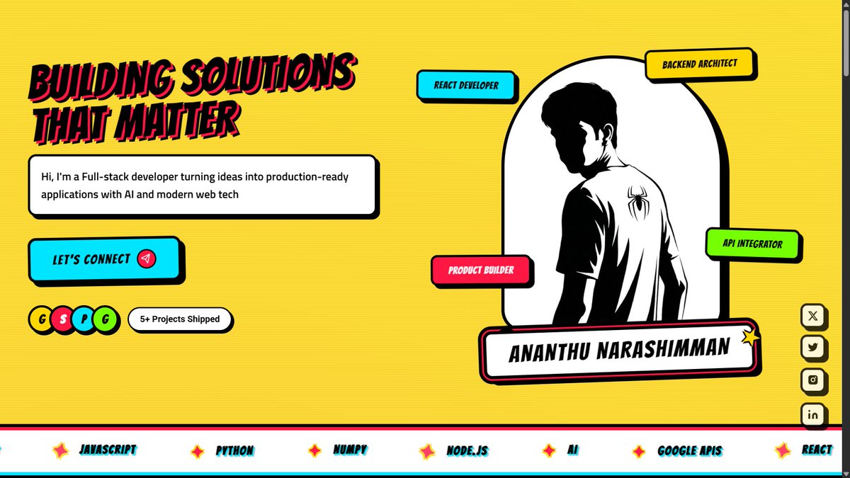AnanthuN7652's tweet image. Built my new portfolio as a full-on comic-book issue 🕸️

Still polishing mobile responsiveness on a few sections + some final viewport tweaks (desktop already looks insane though 👀)

web-slinger.vercel.app

#WebDev #frontendengineering  #portfolio  #indiedev