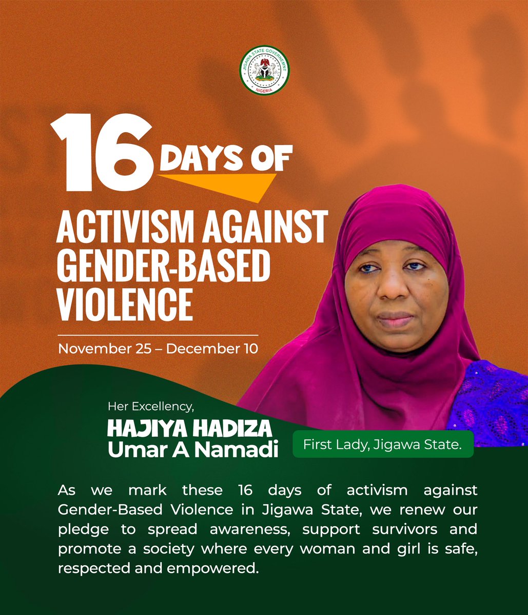 FirstLadyJigawa's tweet photo. I renew my strong commitment to ending Gender-Based Violence in Jigawa State. Every woman and every girl deserves a life free from fear, and filled with dignity, respect, and opportunity.

Today, I call on families, community leaders, institutions, and partners to stand together in raising awareness, supporting survivors, and promoting prevention at every level.

By working hand in hand, we can build a safer, more just, and more compassionate Jigawa State where women and girls thrive and their rights are fully protected.