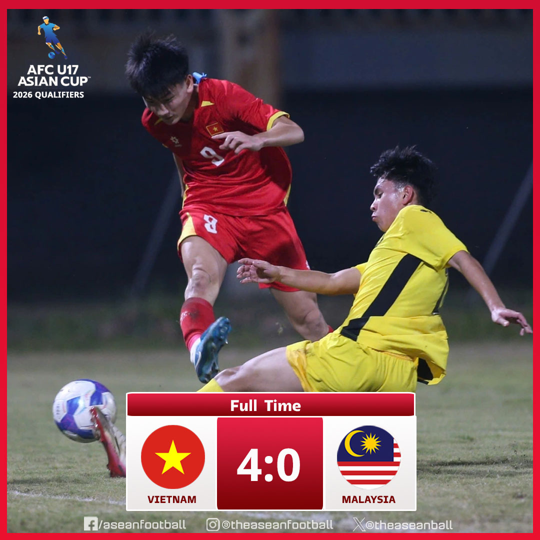 theaseanball's tweet image. ✨ 2026 AFC U17 ASIAN CUP QUALIFIERS | Group C

FT:  Vietnam 🇻🇳 4️⃣ - 0️⃣ 🇲🇾 Malaysia

#AFC #AFCU17 #U17AC
