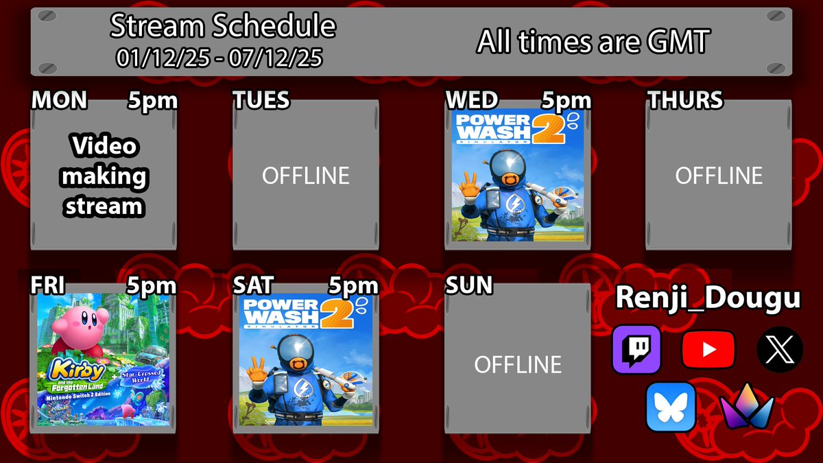 Schedule 01/12 - 07/12

Editing the Minecraft video I was meant to make weeks ago

Double PowerWash Simulator 2 again cause why not

Trying to save Elfilin in the Forbidden Land