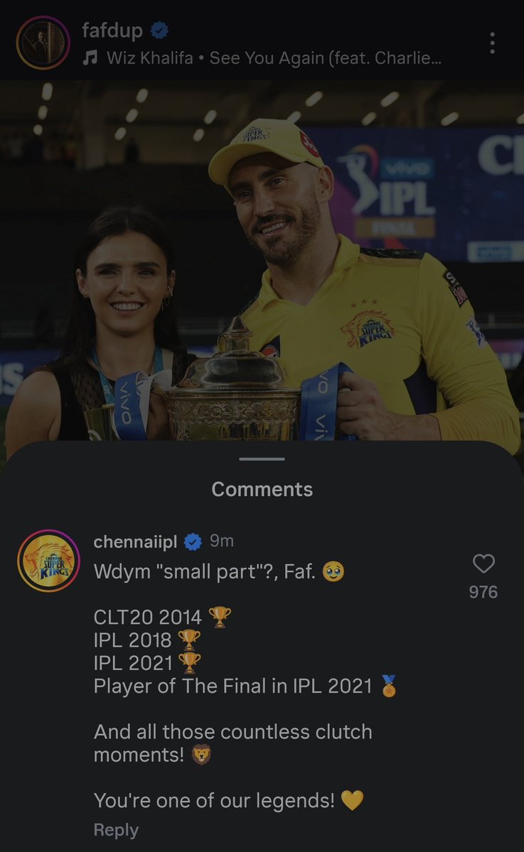 TheAnishh's tweet image. Csk&apos;s Comment on Faf&apos;s Post🥺🙏🏻💛