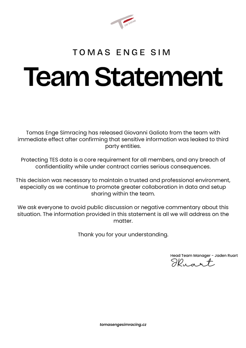 Tomas_ENGE_SIM's tweet photo. Team Statement - 30.11.2025 

Giovanni Galioto https://t.co/odM5zdRkY1