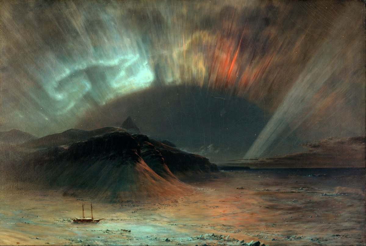 Church never witnessed this specific landscape firsthand: Aurora Borealis. Artist: Frederic Edwin Church (1826–1900). Date: 1865. Medium: Oil on canvas. Dimensions: 142.3 x 212.2 cm. Collection: Smithsonian American Art Museum, Washington, D.C.