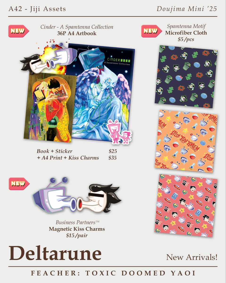 PhantomR_UT's tweet photo. #doumini2025 Catalogue (1/2)
I will be releasing my first Spamtenna doujin during this event, also various Spamtenna merch will be available.
Fandoms include Deltarune, Undertale, FE3H, FF7, Ace Attorney, Matrix and many more!
#doujimasg #doujinsea #douminicatalogue https://t.co/2gLqrRBNj3