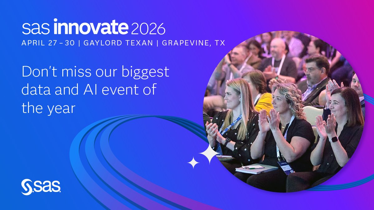 spoerkera's tweet image. #SASInnovate is a tech experience like no other: valuable connections, expert knowledge, &amp;amp; business insights. This is your unique opportunity to be surrounded by data + AI leaders, just like you. Register early to be there 2.sas.com/60137voMx | April 27-30, 2026 Grapevine, TX