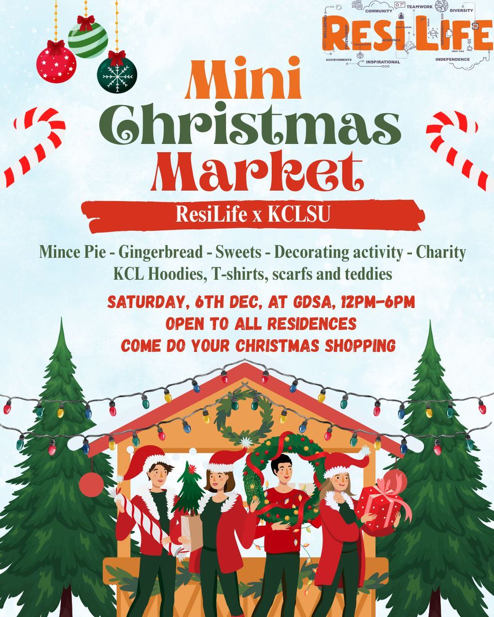 ✨ KCLSU is hosting a Christmas pop-up at GDSA! Drop in to pick up some awesome merch and start getting festive! 🎄 

🎁 We'll be spreading holiday cheer with a winter stall serving hot chocolate, mince pies, and a chance to give back. 🫶 

All residents are invited to join!