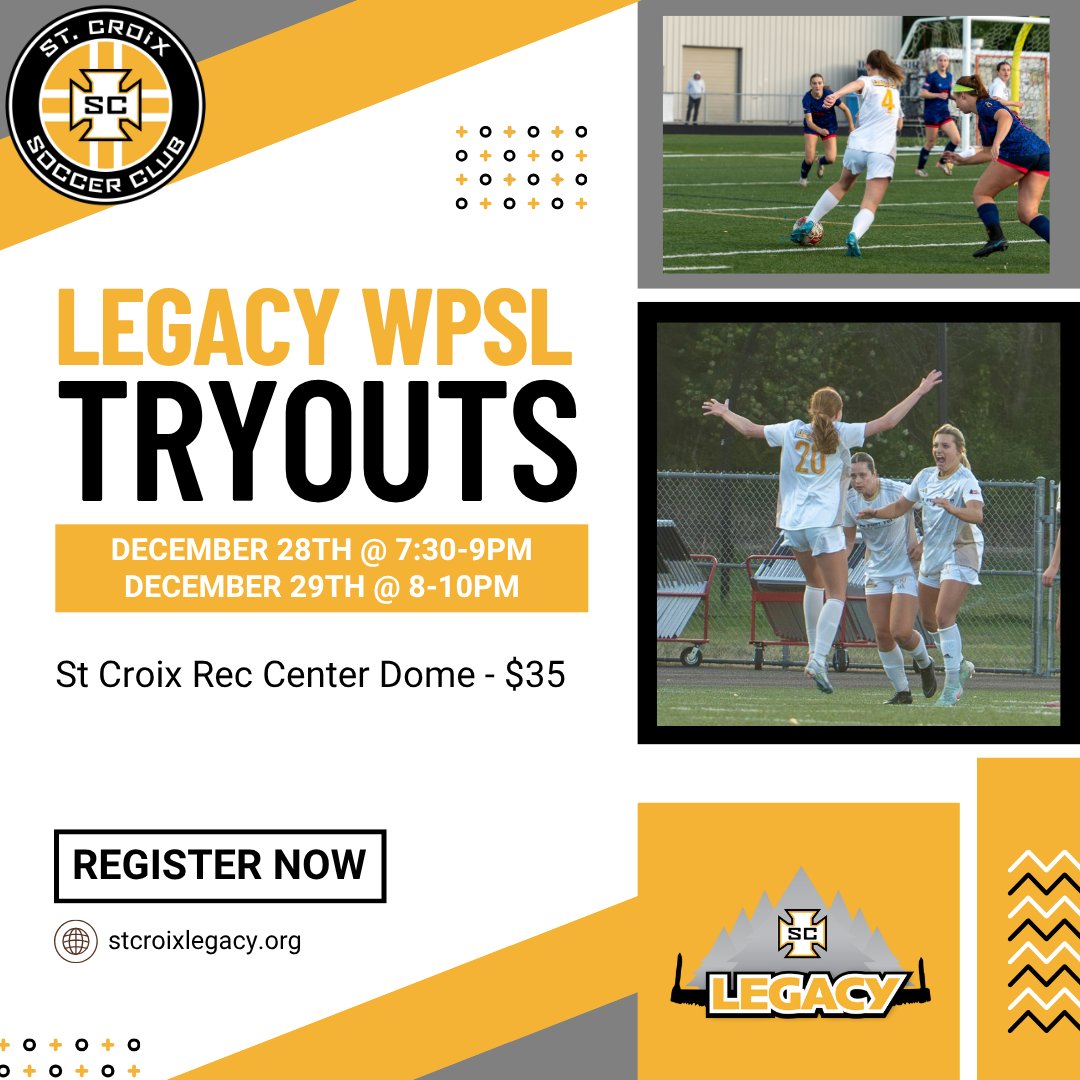 Our WPSL tryouts are coming soon! Want to be part of the legacy come tryout and join the WPSL combine on December 28th-29th at the St Croix Rec Center Dome. Admission will be $35! Registration link is on the WPSL St Croix Website.
#WPSL
#StCroixLegacy
@stcroix_soccer