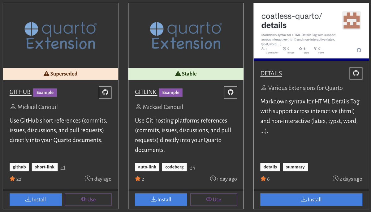 MickaelCanouil's tweet image. 🎉 New feature on the Quarto Extensions directory!

Extension developers can now display development status banners using GitHub Topics (superseded, deprecated, archived, experimental, stable).

🔗 m.canouil.dev/quarto-extensi…

#QuartoPub #OpenSource #DataScience