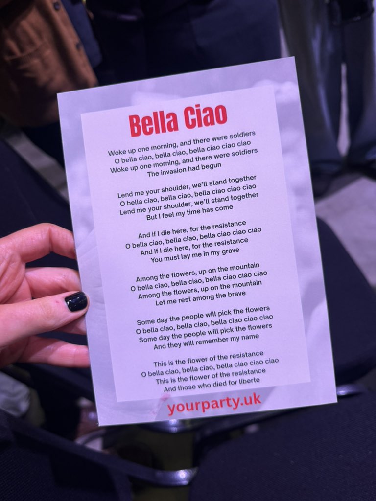 AvaSantina's tweet image. Bella Ciao lyrics on seats ready for Zarah Sultana’s speech