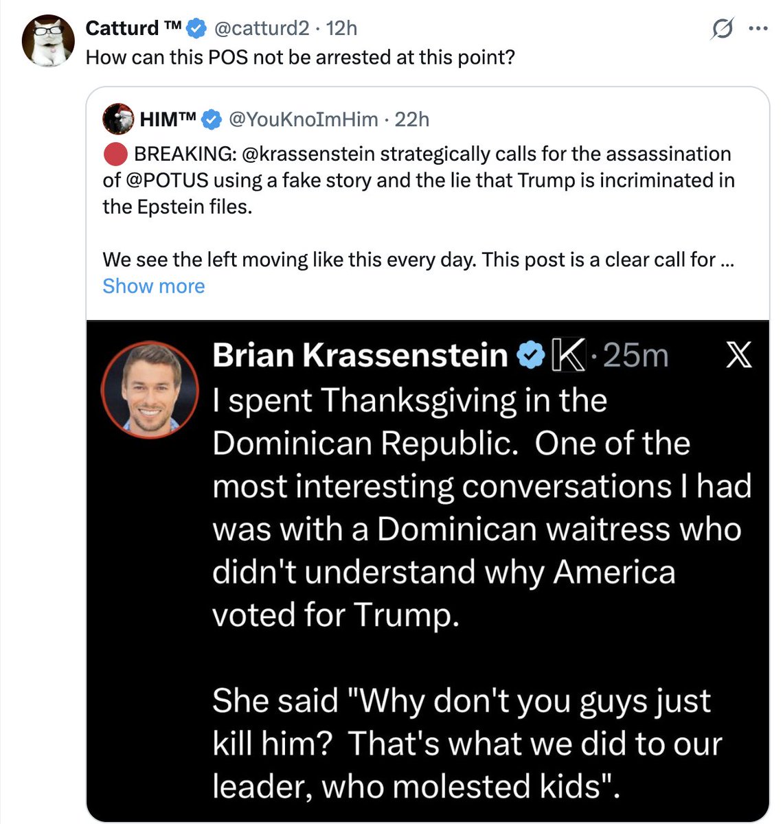 krassenstein's tweet image. BREAKING: @catturd2 calls for my arrested for reporting a conversation I had in the Dominican Republic in which I specifically stated that I am not for violence of any kind.

These people are such snowflakes.