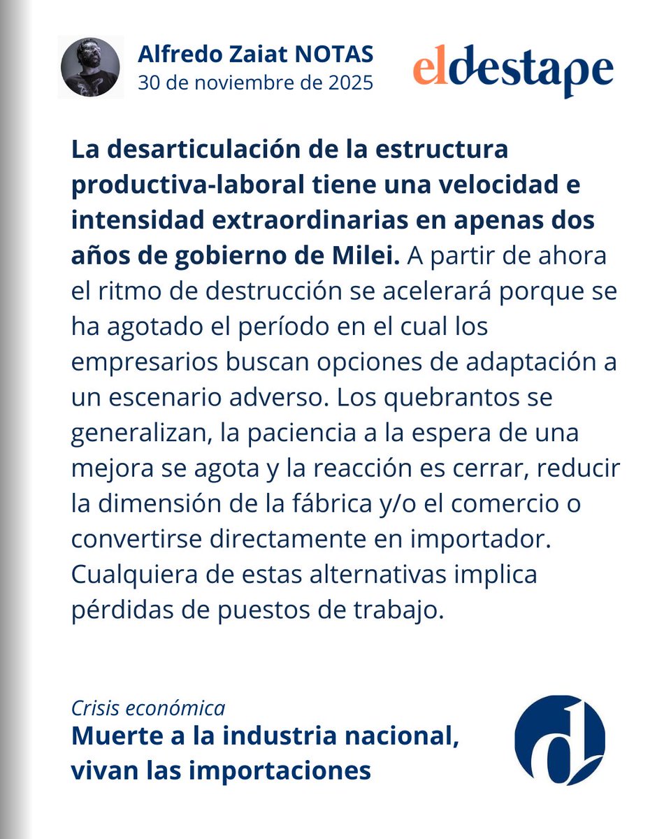 AlfredoZaiat's tweet image. ¿Todavía no leíste mi nota de hoy en @eldestapeweb? ¿Qué estás esperando!

➡ Muerte a la industria nacional, vivan las importaciones 🗞

🔗 eldestapeweb.com/economia/indus…