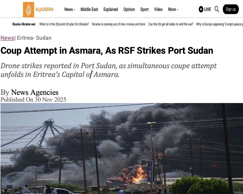 Happening now ‼️Al Jazeera is reporting drone strikes in Port Sudan, and simultaneous coup attempt in Asmara. We’re urgently trying to verify the accuracy of this news🤔