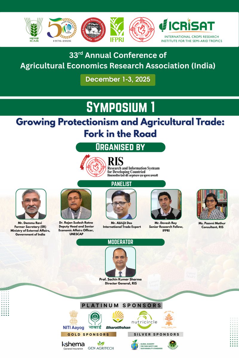 Join the Symposium ‘Growing Protectionism and Agricultural Trade: A Fork in the Road’, convened by Research and Information System for the Developing Countries (RIS) at the 33rd Annual Conference of the Agricultural Economics Research Association (AERA), Co-hosted by ICAR-NAARM.