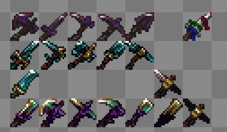 since a lot of people have been enjoying the finished sprites i decided i should share some of the wip/alt versions that came before what i usually post or were the original ideas  (it all started with the diamond set in the middle then the netherite on top of it )