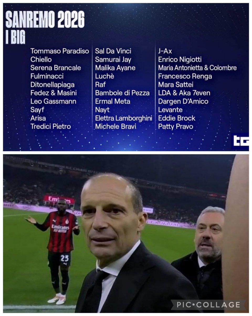 RidiForever's tweet photo. Carlo #Conti annuncia i big di #Sanremo2026.
Quando #Allegri legge #Chiello e pensa a #Chiellini 🤣🤣🤣 https://t.co/Al7QOoC2ds