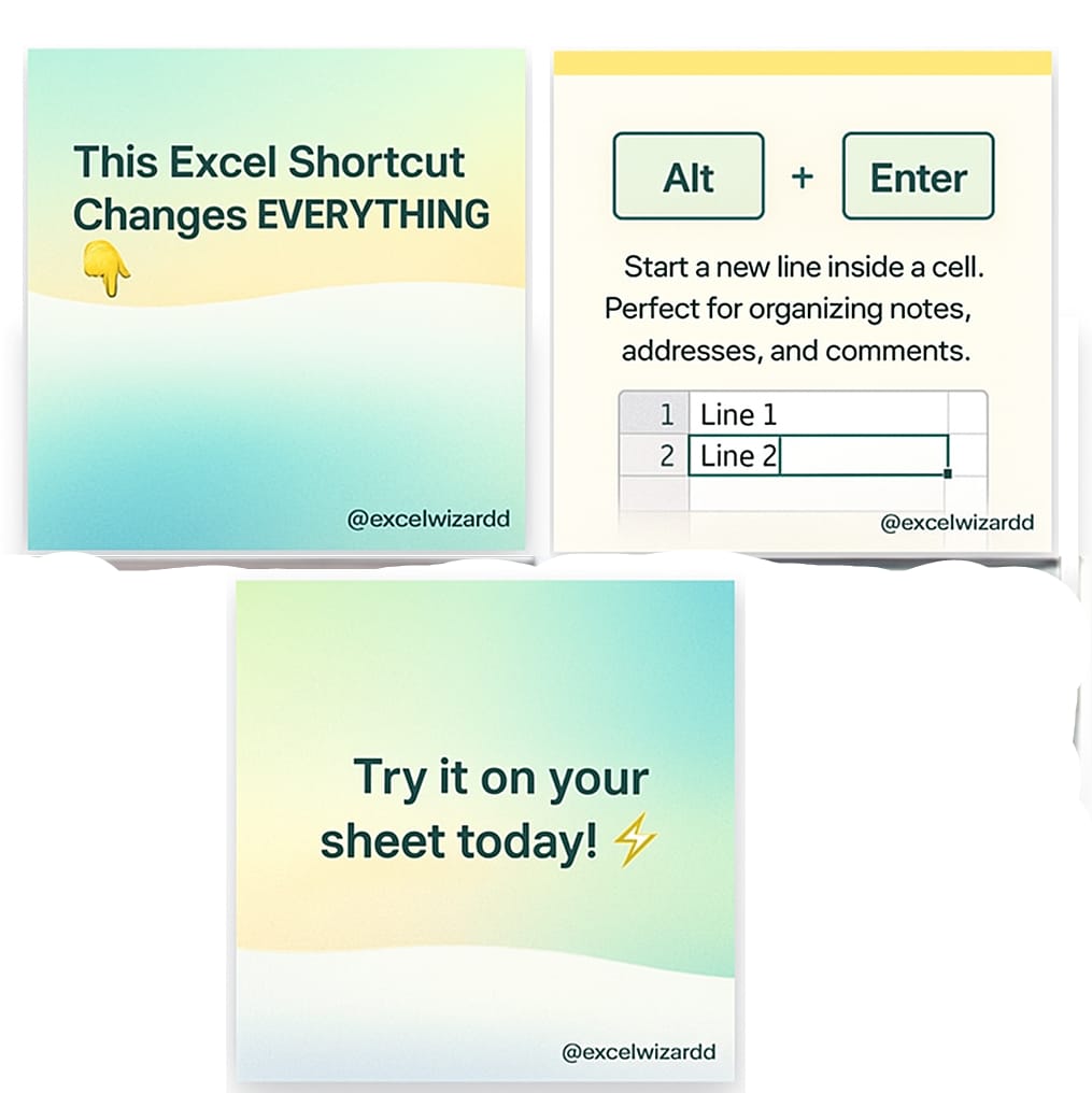 excelwizardd's tweet image. This tiny shortcut saves SO much time ⚡
It’s simple, powerful, and makes your sheets 10x cleaner.

Try it out today — thank me later 😌Which shortcut should I feature next Sunday? 👇

#excelwizardd #excelshortcuts #exceltips