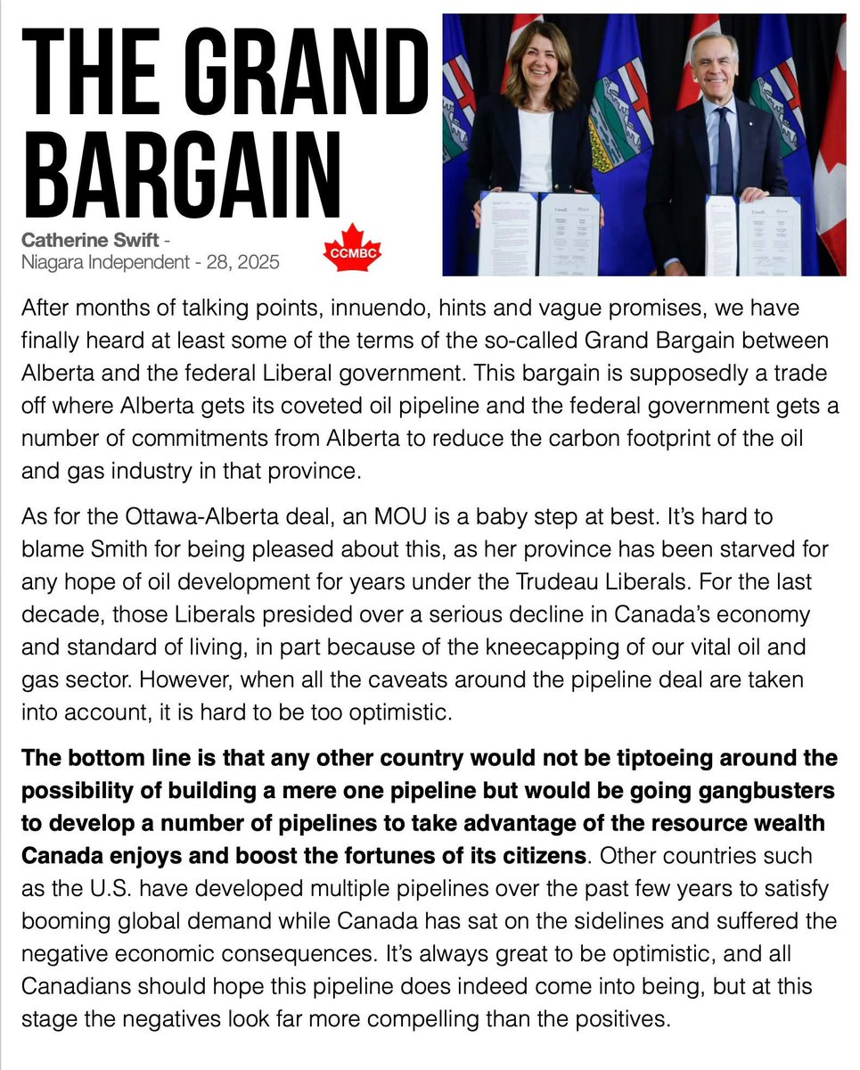 2021Ccmbc's tweet image. 🤔 Hmm, so @MarkJCarney  finally “gave” Alberta a #pipeline.

🪤 The Catch?  

🛢 First oil: 2029… maybe.  

💸 Alberta pays crushing new carbon taxes nobody else in the world has.  

💲 Plus tens of billions for carbon capture even green experts call a boondoggle

🤝 This isn’t…