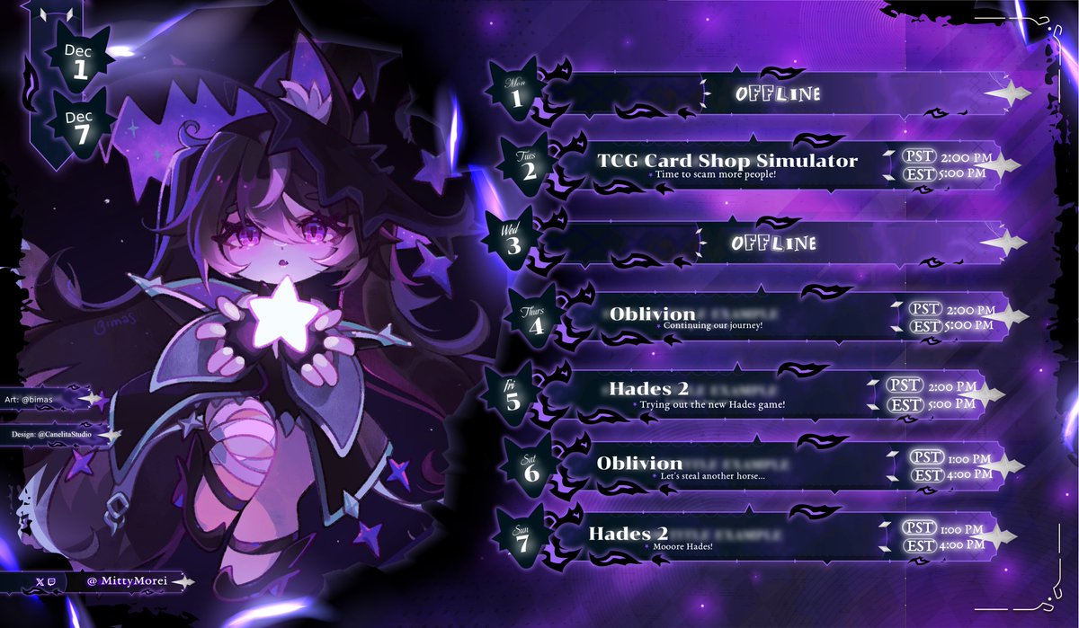 𝘀𝘁𝗿𝗲𝗮𝗺 𝘀𝗰𝗵𝗲𝗱𝘂𝗹𝗲 ⭑ 𝗱𝗲𝗰 𝟭𝘀𝘁 - 𝟳𝘁𝗵
𝘁𝘄𝗶𝘁𝗰𝗵     ⭑ 𝗺𝗶𝘁𝘁𝘆𝗺𝗼𝗿𝗲𝗶
𝘆𝗼𝘂𝘁𝘂𝗯𝗲 ⭑ 𝗺𝗶𝘁𝘁𝘆𝗺𝗼𝗿𝗲𝗶

Longer stream week! Continuing Oblivion and starting Hades! 💜