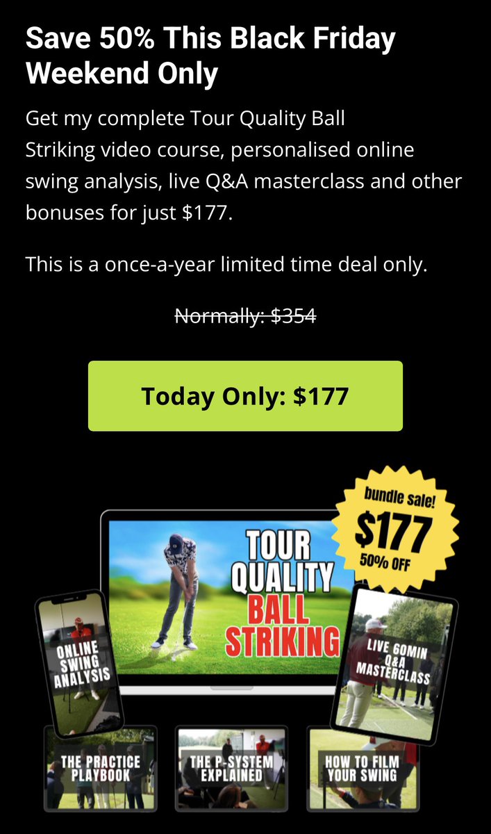 ⏰ Less than 48 hours to go. Save 50% 💰 

✅ Tour Quality Ball Striking course 🎥 
✅ Online Swing Assessment 🏌🏽‍♂️ 
✅ LIVE Masterclass Call 📞 
plus 3️⃣ EXTRA bonuses for FREE‼️

🔗- courses.robcheneygolf.com/black-friday-s…