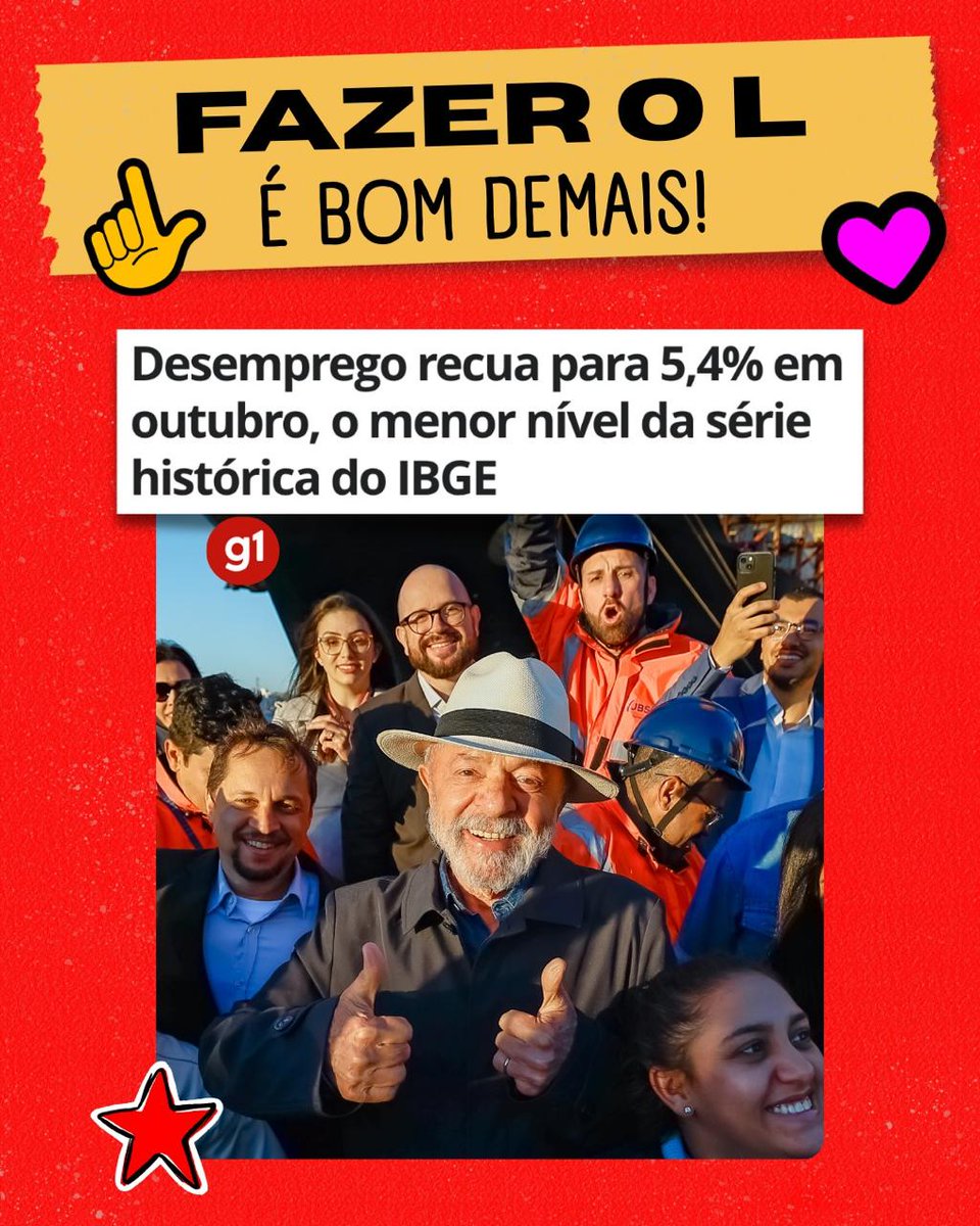 ptsaopaulosp's tweet photo. Bom dia! ☀️🇧🇷
📉 O desemprego caiu para 5,4%, o menor nível da história do IBGE!

É mais trabalho, mais oportunidade e mais dignidade pro nosso povo.
Fazer o L é bom demais! https://t.co/2lpUNd9X9b