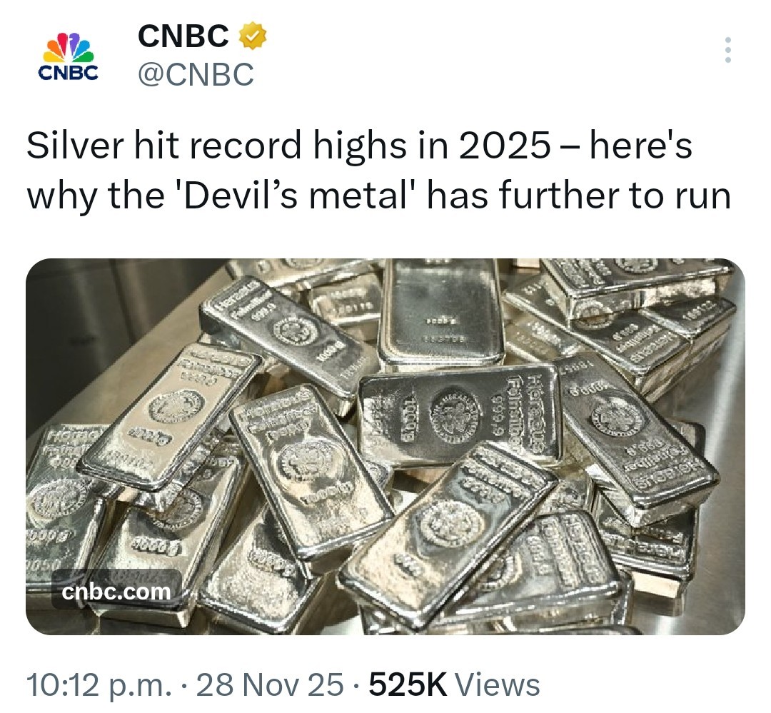 WSBGold's tweet image. 🚨 CNBC slapping Devil’s metal headlines while Silver prints new highs and miners outperform is market irony, not analysis.
Macro, structural, momentum all aligned, asymmetric breakout impulse building.
Narratives are guessing, the chart is generational. They have no clue. 🥈🚀