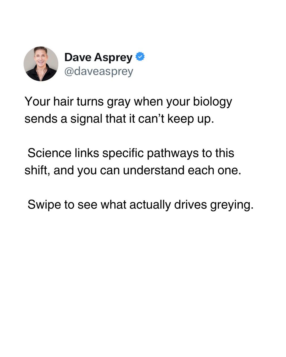daveasprey's tweet image. Most people think grey hair is “just aging,” but your biology sends the signal long before the color changes. 

Your follicles are smarter than you think. 

Swipe through to see what actually drives greying. 

#Biohacking #Longevity #Mitochondria #AntiAging #DaveAsprey