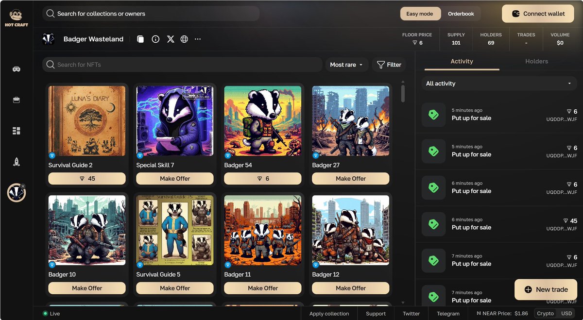 The Badger Wasteland NFT collection is now listed on HotCraft!

Cross-chain trading is live

- Purchase our NFTs from any wallet (MetaMask, Phantom, Rabbit, etc.)

- Payment by any tokens (ETH, SOL, BNB, POL, USDC, USDT)

- Orderbook options and much more

hotcraft.art/collection/tks…