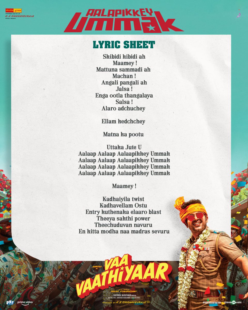 rameshlaus's tweet photo. #AalapikkeyUmmak from #VaaVaathiyaar

🔗https://t.co/2vbpu1O0nw

🎤 #Kelithee #SanthoshNarayanan
📝 Kelithee
🕺 @iamSandy_off

A #NalanKumarasamy Entertainer
A @Music_Santhosh Musical 

#VaathiyaarVaraar

@Karthi_Offl @VaaVaathiyaar @StudioGreen2 @gnanavelraja007 @IamKrithiShetty #Rajkiran #Sathyaraj #Anandaraj @GMSundar_ #Karunakaran @thilak_ramesh @ShilpaManjunat @george_dop @VetreKrishnan @KiranDrk #ANLArasu @tuneyjohn @NehaGnanavel @agrajaofficial @PharsFilm @PrimeVideoIN @thinkmusicindia @proyuvraaj @digitallynow