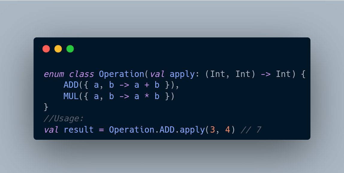 kumarpiyush921's tweet image. Kotlin Trick: Enum Classes Can Hold Functions

Enums in Kotlin aren’t just constants—they can carry behavior.

Enums as strategy objects = clean, extensible logic with zero boilerplate.

#Kotlin #ProTips #EnumMagic