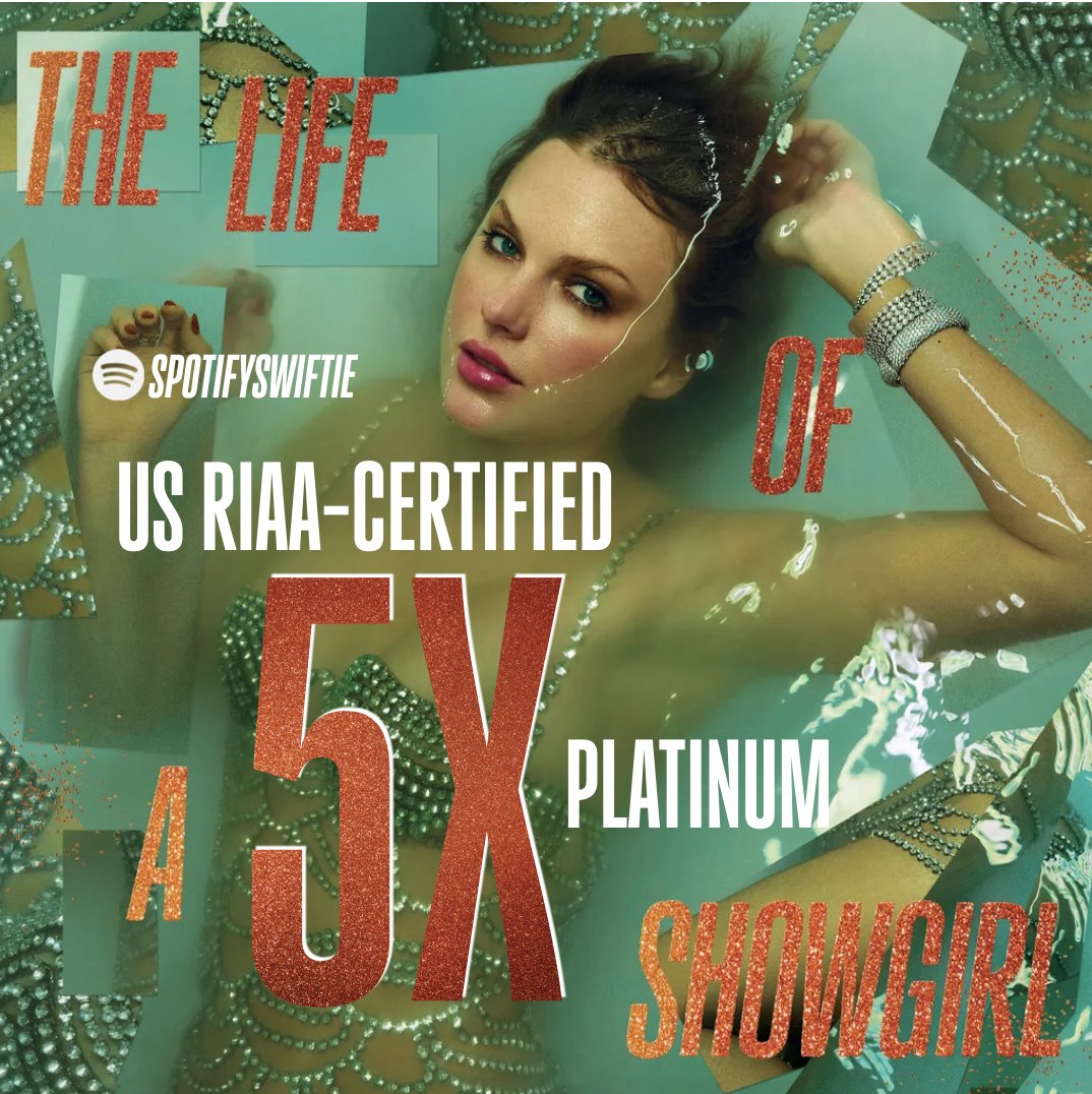 SpotifySwiftie's tweet image. 🥇 “The Life of a Showgirl” by Taylor Swift is now RIAA-certified 5X platinum in the US, becoming the FIRST 2025 album to do so!