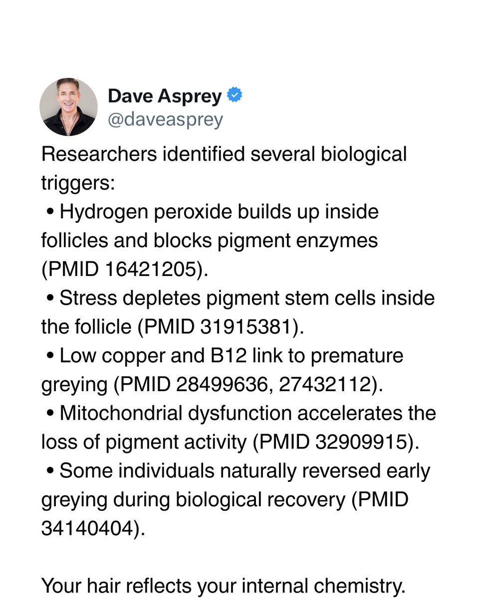 daveasprey's tweet image. Most people think grey hair is “just aging,” but your biology sends the signal long before the color changes. 

Your follicles are smarter than you think. 

Swipe through to see what actually drives greying. 

#Biohacking #Longevity #Mitochondria #AntiAging #DaveAsprey