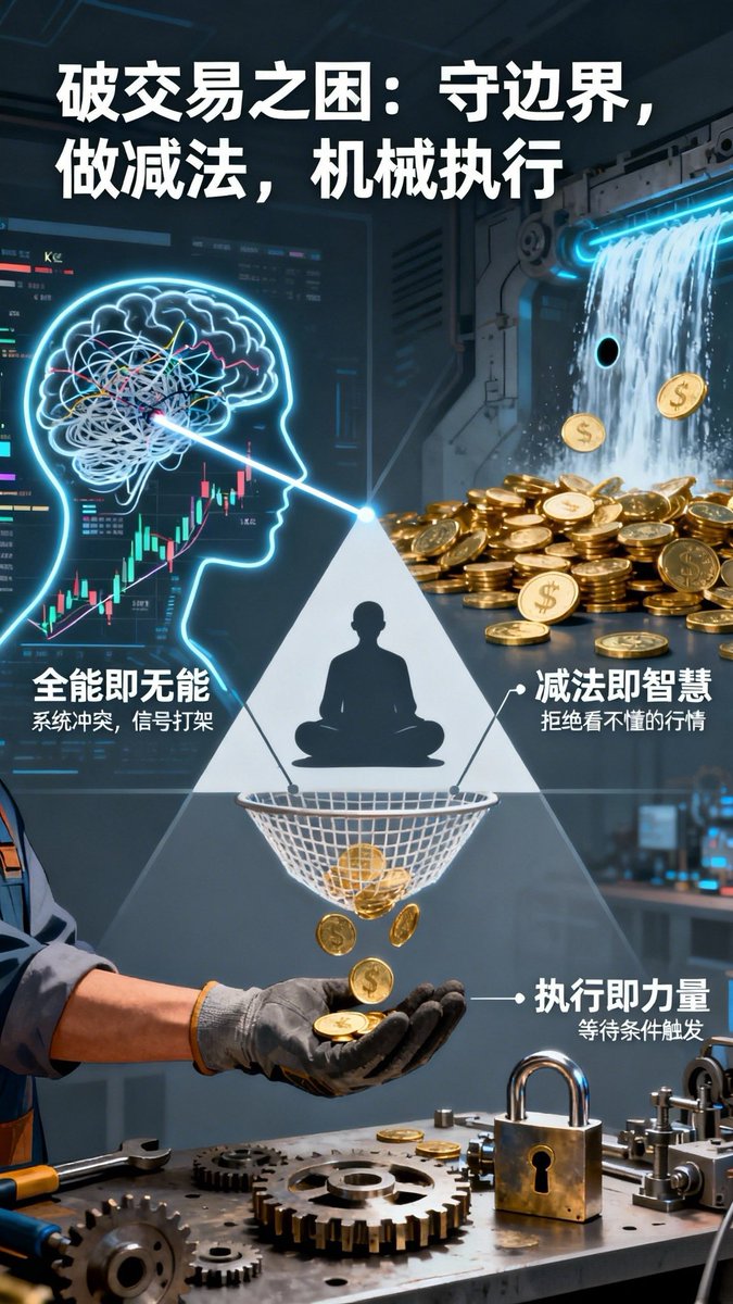 很多交易者都有一个痛点：认知的边界、欲望的管理以及策略的提纯。

❶全能即无能： “样样学”的代价不是学不会，而是系统之间的彼此冲突（信号打架）

❷难易的主观性：过滤掉那些“不属于你”的行情。 混乱的不是K线，是你的参考系

❸确定性的来源：放弃90%的机会，才能换来10%的精准打击
