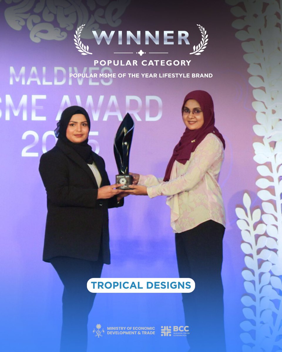 BCC_mv's tweet image. Congratulations Tropical Designs!
Winner of Popular MSME of the Year – Lifestyle Brand at the Maldives MSME Award 2025.
Recognising outstanding creativity and impact in lifestyle branding.
@MoEDmv 
#bcc #msmeaward2025 #dhiveheenahiskan