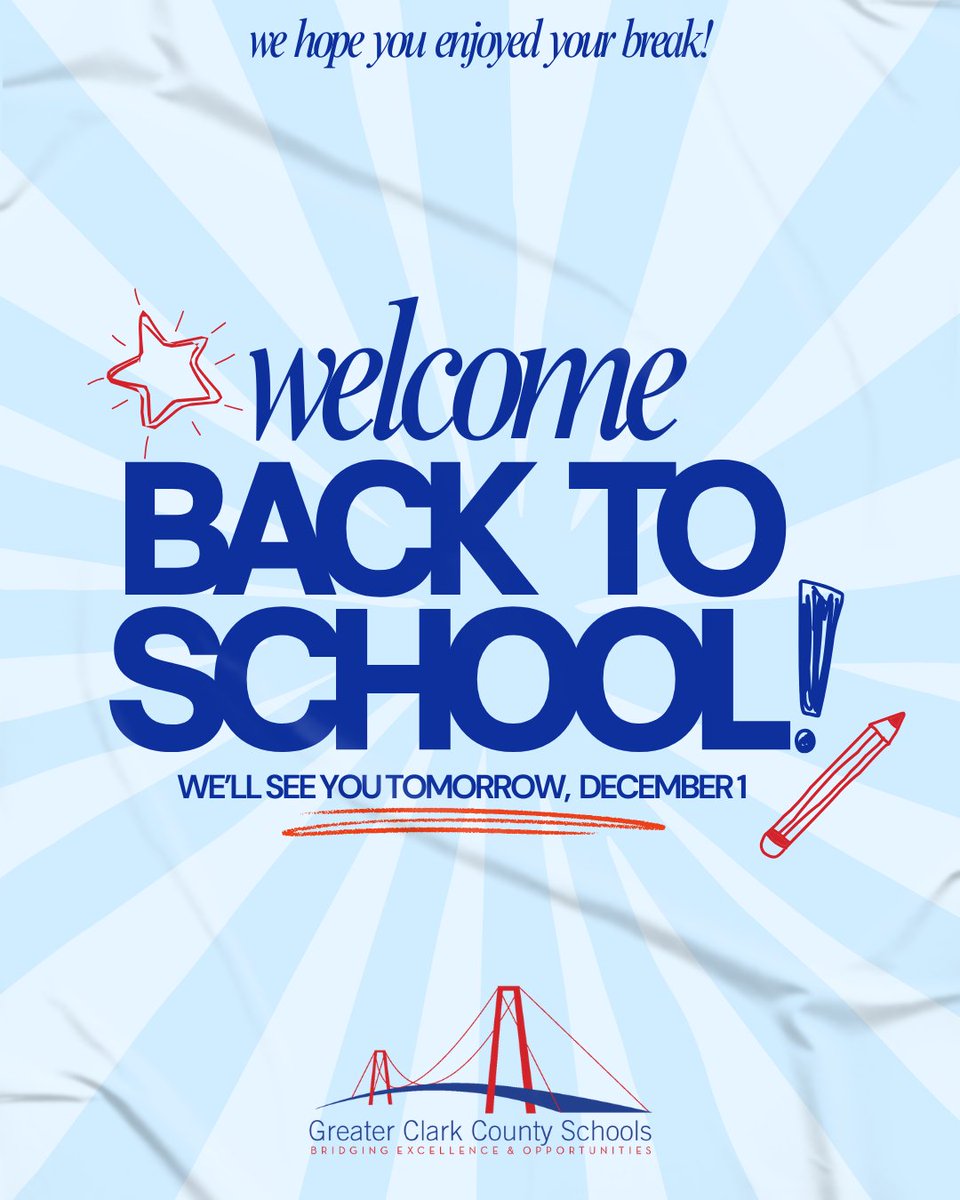 GCCSchools's tweet image. School is back in session tomorrow! 🎒

We hope everyone enjoyed their Thanksgiving break and is feeling rested and ready to jump back into learning. Let’s make these last few weeks of the semester amazing!